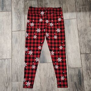 Lularoe TC Red and Black Buffalo Plaid Snowflake Leggings NWOT
